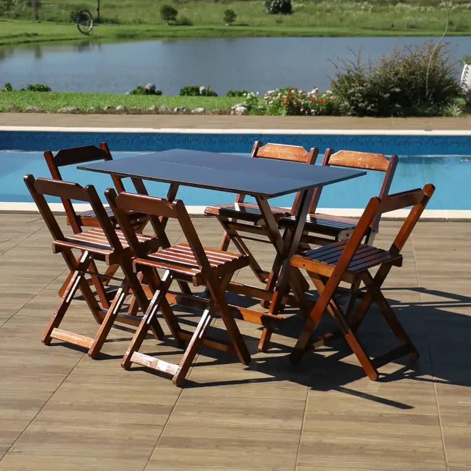 Jogo de Mesa 120x70 com 6 Cadeiras Dobráveis de Madeira Imbuia - Móveis Britz