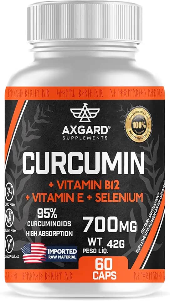 Curcuma (Extrato de rizomas de cúrcuma (Curcuma longa L.) + Vitamina B12 + Selênio e Vitamina E - 95% de curcumoides - 130 mg de rizomas de curcumina - 60 softcaps - Axgard Supplements