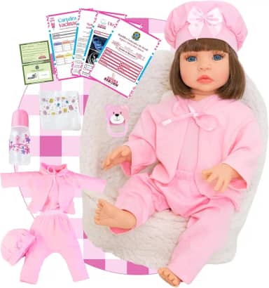 Boneca Bebê Reborn Menina Realista em Silicone com Roupinha e Acessórios Inclusos 45 cm (Roupa Rosa)