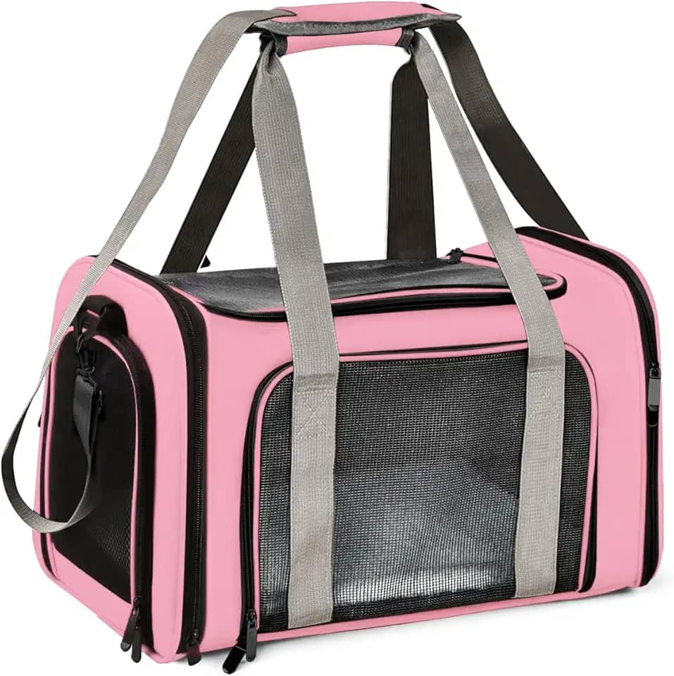 Bolsa Transporte Pet Ventilação em 4 lados 42 * 26 * 27 cm Não Se Deforma Facilmente Bolsa Transporte Pet Avião com Zíper liso Portátil + Bolsa de Mão Python Fly Rosa