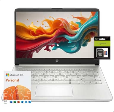 HP Laptop HD de 14 polegadas, Windows 11, Intel Quad-Core N4120, 1 ano de Office 365, 16 GB de RAM, 256 GB de armazenamento (128 GB eMMC + cartão SD de 128 GB), ultraleve para estudantes de negócios