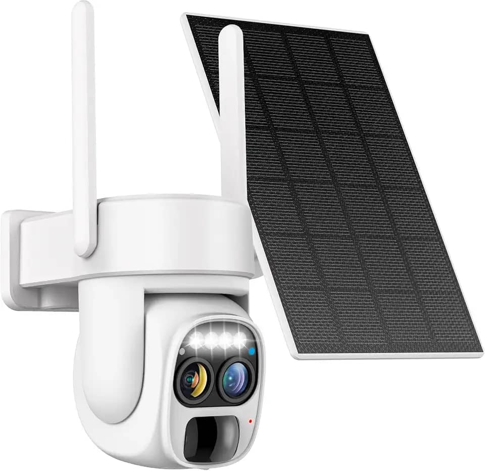 Hawkray Pannel Câmera de segurança solar sem fio com bateria externa, lente dupla, zoom de 10 x, resolução 2K, 3 MP, panorâmica/inclinação, 2,4 e 5 G, câmera alimentada por Wi-Fi