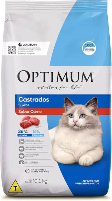 Ração Optimum para Gatos Adultos Castrados Sabor Carne 10,1kg