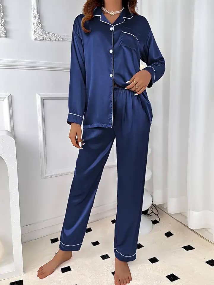 Conjunto de pijama de cetim feminino, 2 peças, com blusa de manga comprida e calça de seda, roupa de dormir para viagem em casa