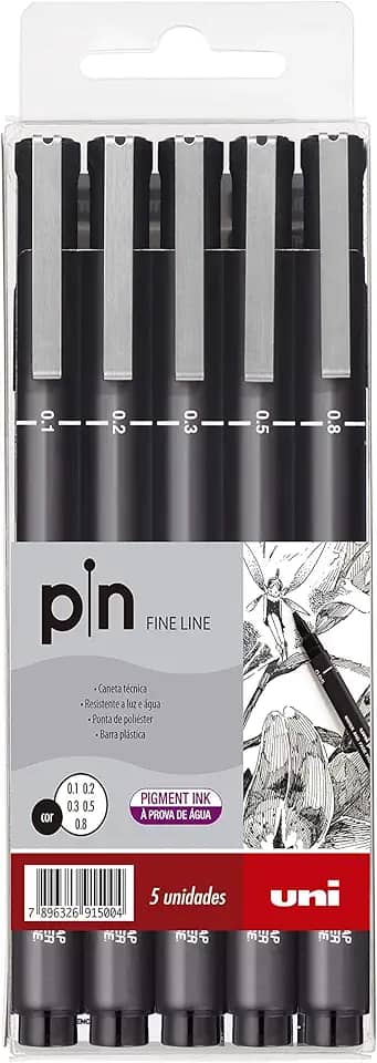 Caneta Técnica Pin Fine Line, Uni-Ball, Preta, Estojo c/5 unidades (0.1, 0.2, 0.3, 0.5 e 0.8 mm)
