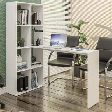 Escrivaninha com Estante Lateral Multimóveis Branco – Mesa de Estudo e Trabalho com 5 Prateleiras, Ideal para Home Office e Organização