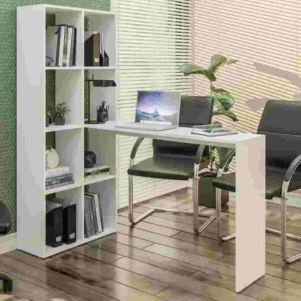 Escrivaninha com Estante Lateral Multimóveis Branco – Mesa de Estudo e Trabalho com 5 Prateleiras, Ideal para Home Office e Organização