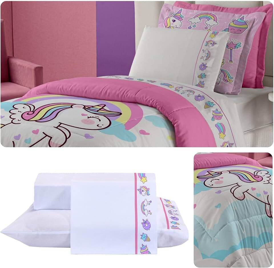 Edredom Solteiro Infantil Dupla Face Percal 300 Fios 03 Peças Infantil Unicórnio