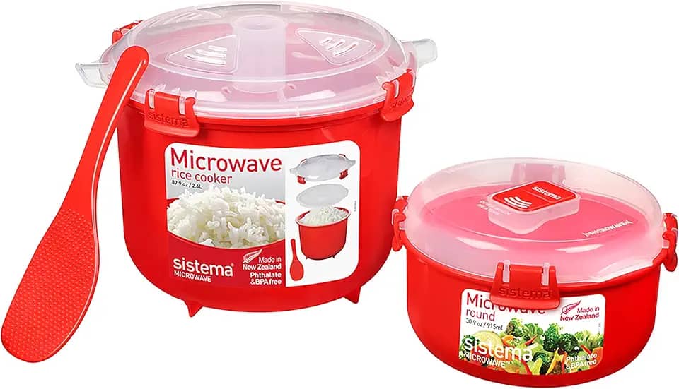 Panela e tigela de arroz Sistema, para micro-ondas, vermelho