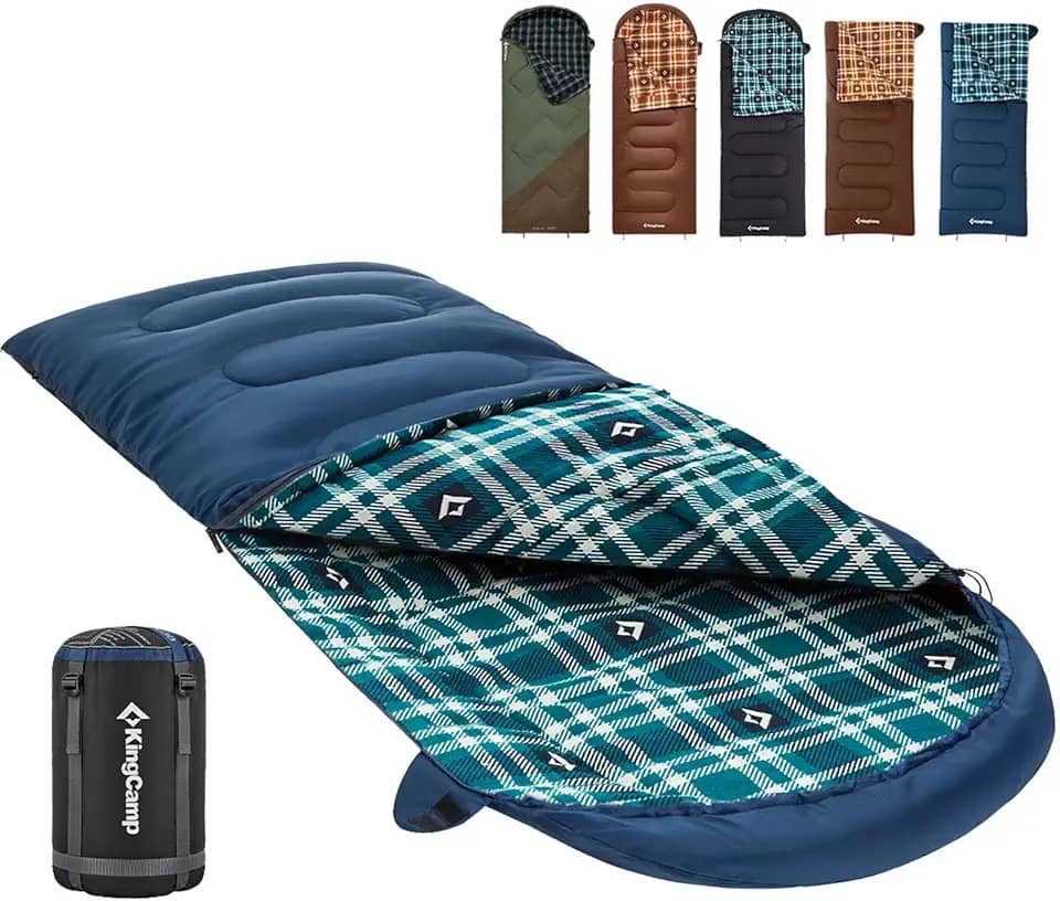 KingCamp Saco de dormir de flanela de algodão, sacos de dormir grandes e altos para adultos clima frio, zíper juntos para saco de dormir 2P para 4 estações, leve, resistente à água para mochila de