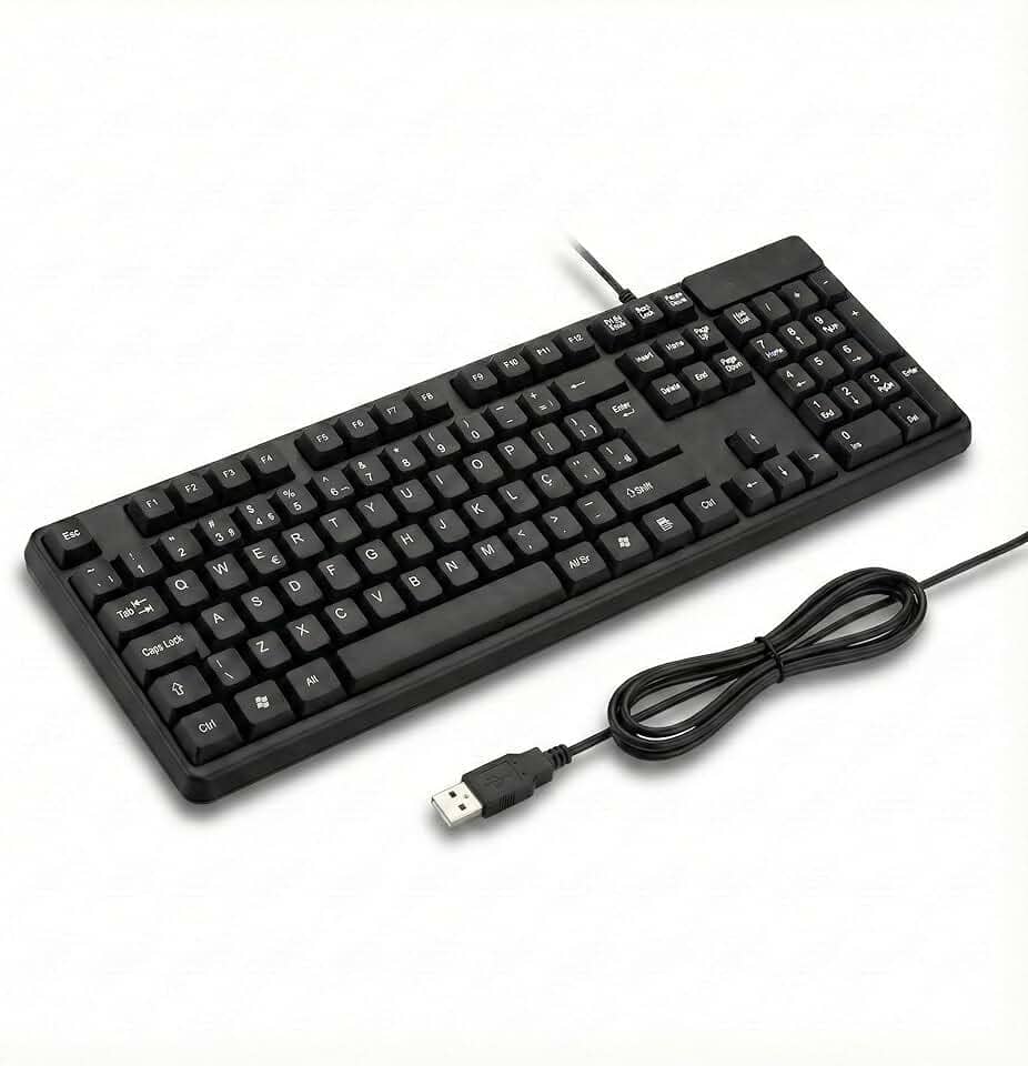 Teclado com Fio USB ABNT2 para PC e Notebook – Digitação Silenciosa, Conforto Ergonômico, Perfil Slim, Teclas Macias, Plug & Play, Alta Durabilidade, Ideal para Escritório, Estudos e Uso Diário