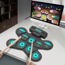 Conjunto de bateria eletrônica, conjunto de bateria elétrica enrolável com 9 blocos, kit de bateria para prática com conector de fone de ouvido, alto-falante integrado, pedais de bateria digital