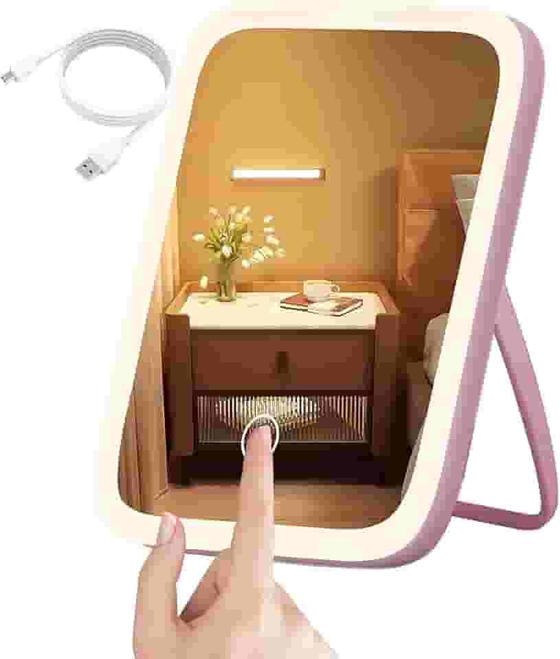 Espelho de Maquiagem Ajustável de Três Cores,Espelho de Maquiagem Ajustável de Brilho de Três Cores com Luzes,Adequado para Viagens, Família(Rosa)