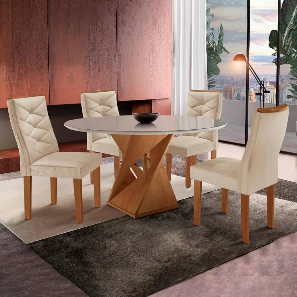 Conjunto Sala de Jantar Mesa Tampo Redondo Plus Vidro 100cm com 4 Cadeiras Barcelona Cel Móveis Cinamomo/off White/suede Pena