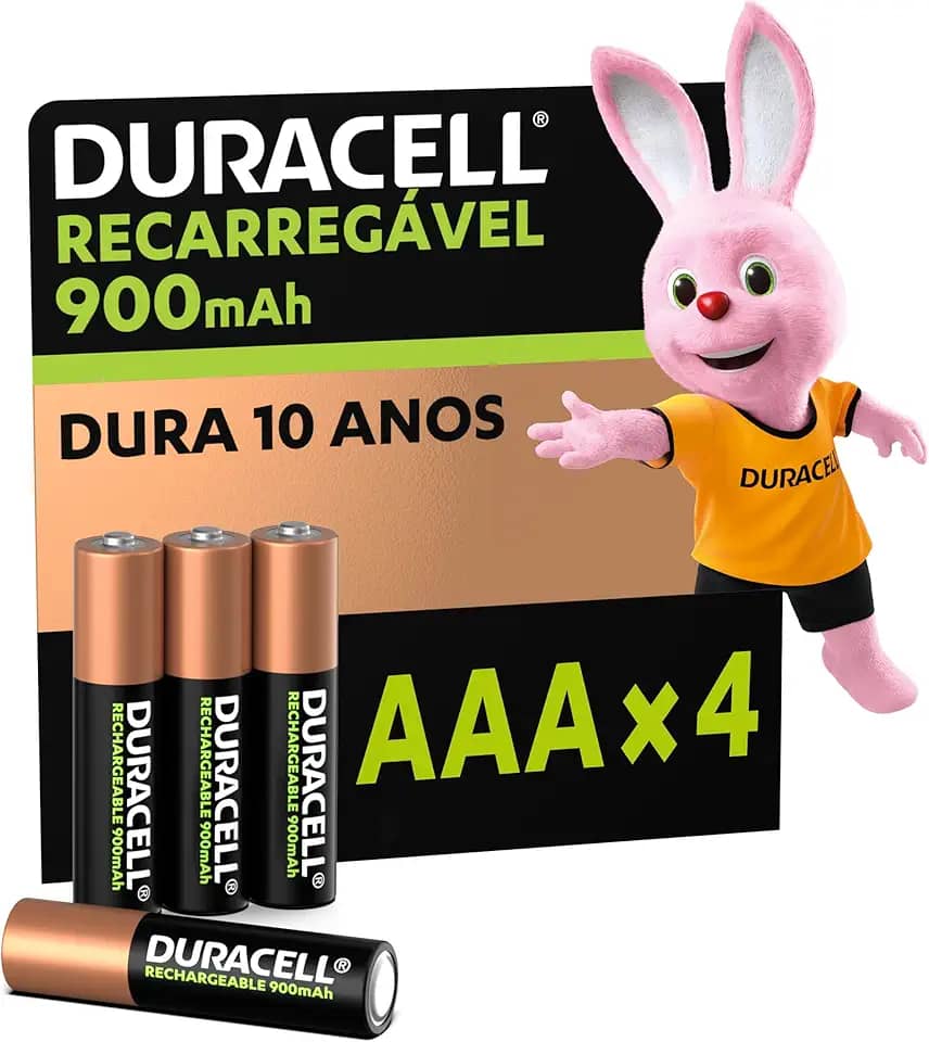 Duracell Pilha Recarregável AAA 900mAh Palito Com 4 Unidades – Ideal para Câmeras Digitais e Dispositivos de Alto Consumo
