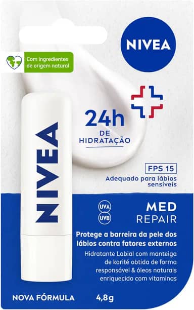 NIVEA Protetor Labial Med Repair FPS15 4,8g - Hidrata e regenera os lábios ressecados e machucados, com Vitamina E e óleos naturais, proporciona reparação intensiva e alívio imediato