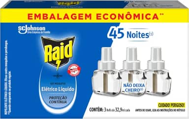 Raid Repelente Eletrico Líquido Refil, Até 45 Noites de Proteção, 3 unidades de 32,9ml