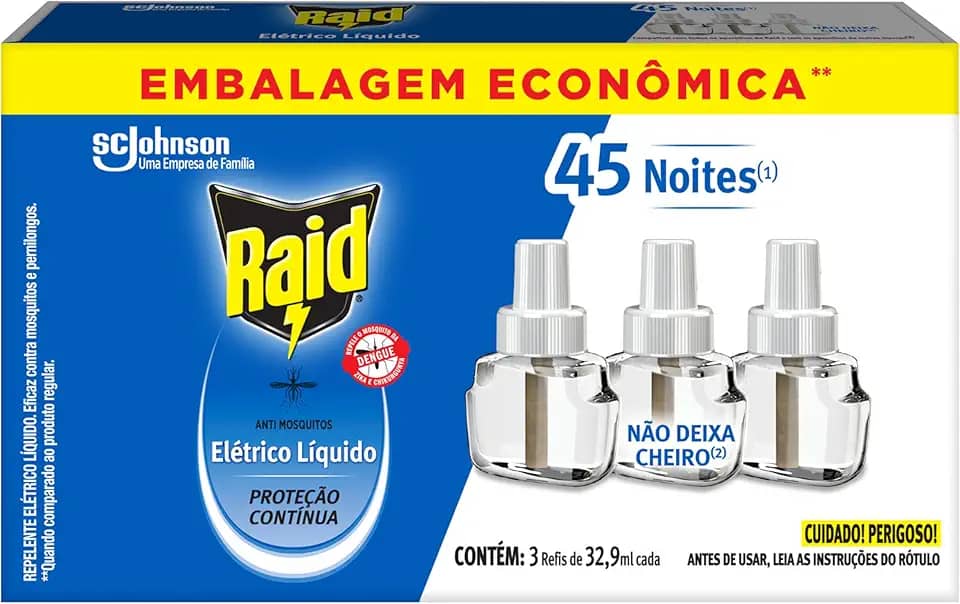 Raid Repelente Eletrico Líquido Refil, Até 45 Noites de Proteção, 3 unidades de 32,9ml