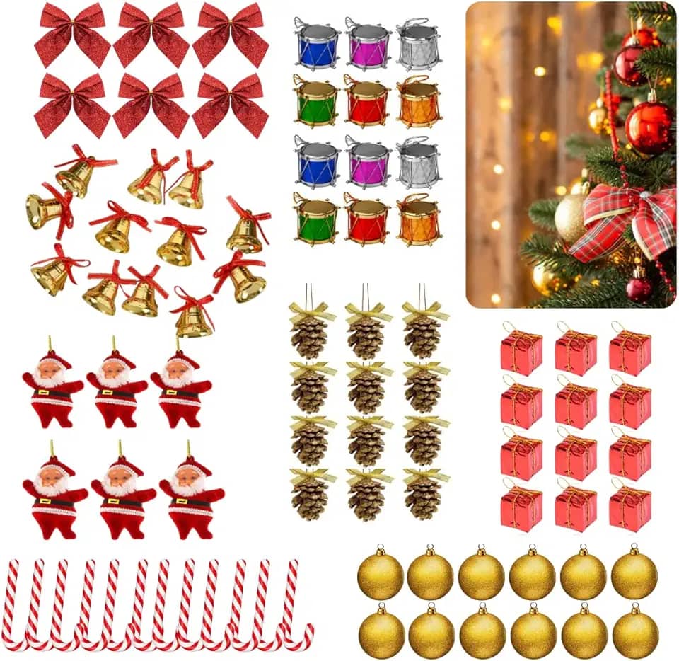 Kit 84 Enfeites de Natal Completo - Bolas, Laços, Sinos e Muito Mais - Decore Sua Árvore com Estilo e Praticidade