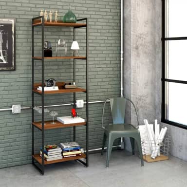 Estante Multiuso 5 Prateleiras 187x60cm Estilo Industrial, Compace, Kuadra, Nogal/Est.Preta