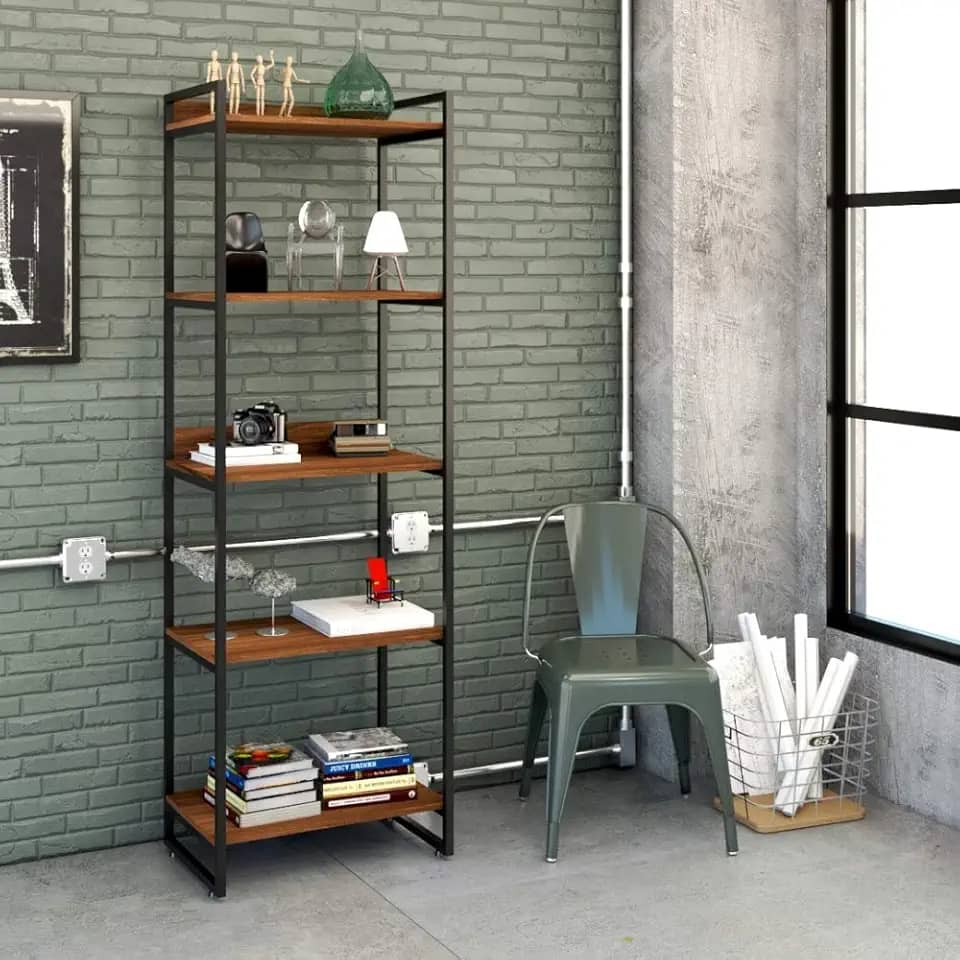 Estante Multiuso 5 Prateleiras 187x60cm Estilo Industrial, Compace, Kuadra, Nogal/Est.Preta