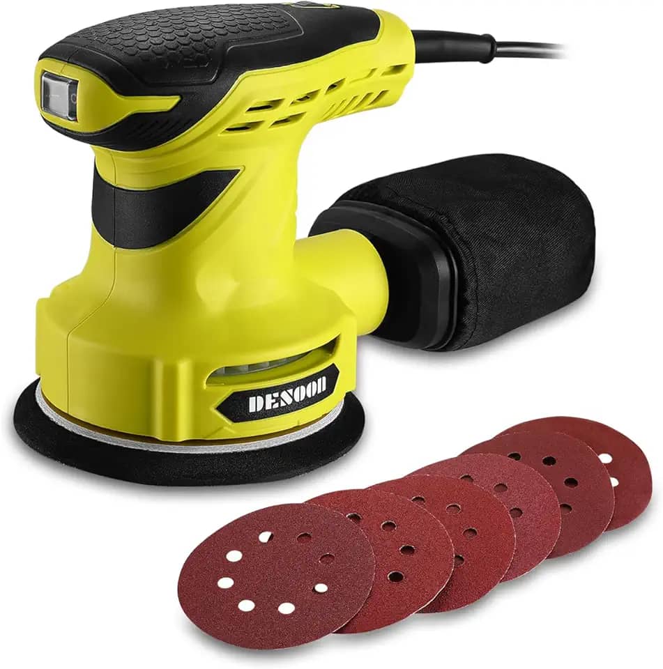 Desoon Lixadeira Orbital Profissional Elétrica 300W 220V com Coletor de Pó 6 Velocidade Variável 6pcs Lixas 7000-14000RPM Diâmetro 125mm para Madeira Metal e Pintura