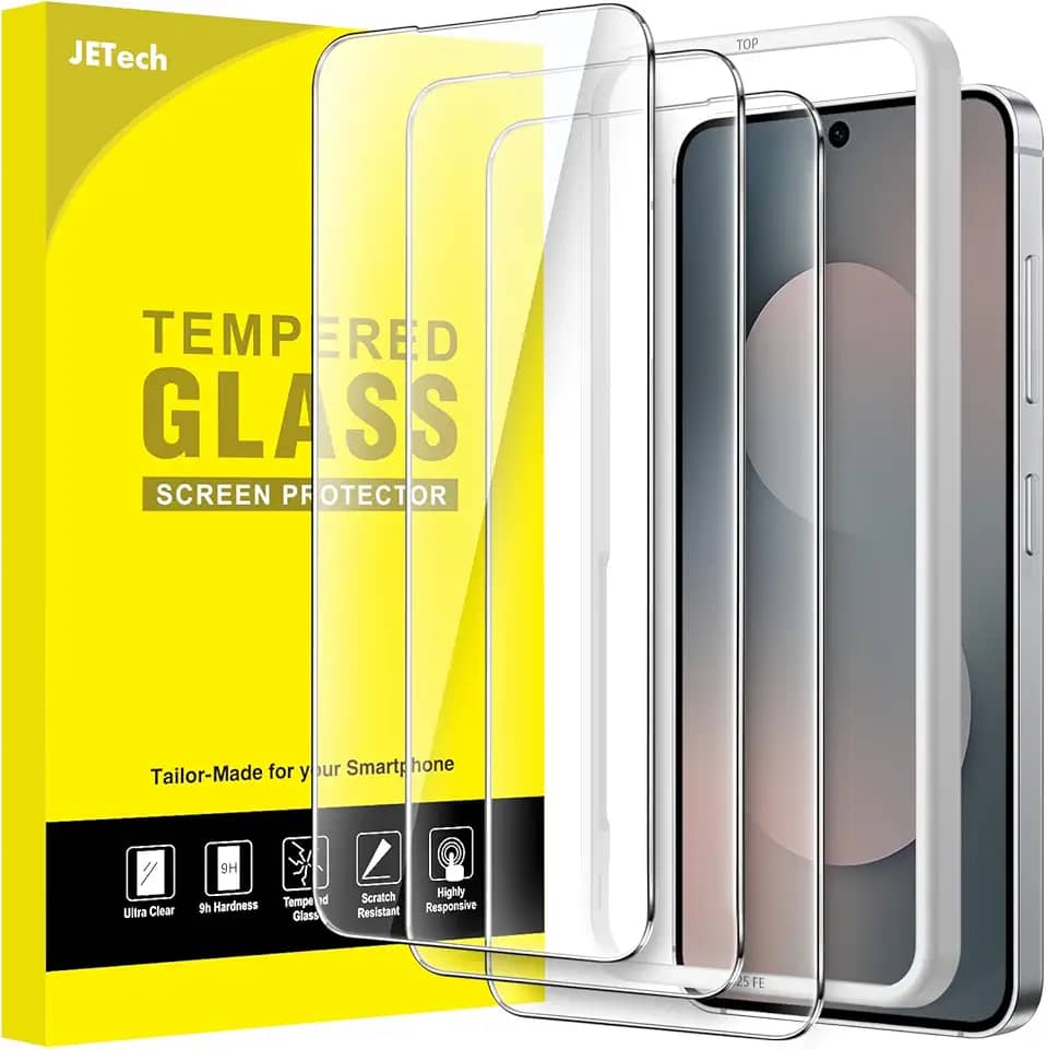 JETech Película de Vidro Temperado para Samsung Galaxy S25 FE, Protetora de Tela 9H com Ferramenta de Instalação Rápida, Compatível com ID de Impressão Digital, HD Claro, Pacote com 3