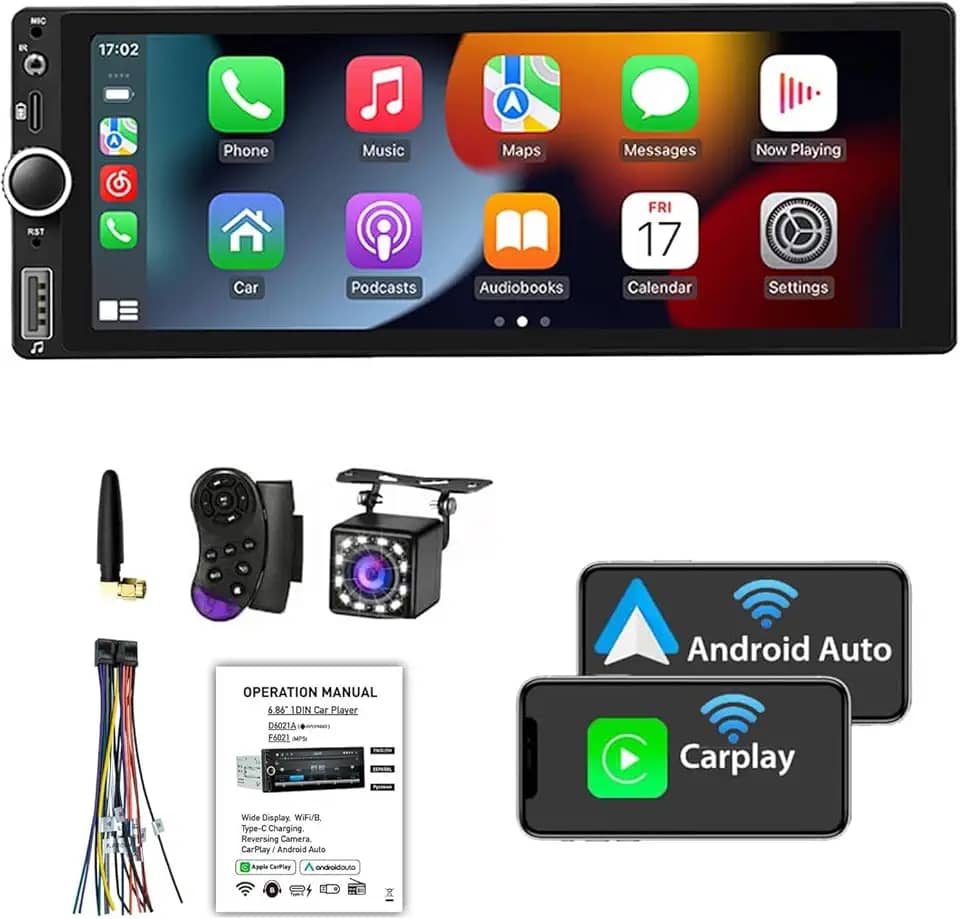 FINYQBET Rádio Automotivo Multimidia 1 Din com CarPlay, Android Auto, Bluetooth, Câmera de Ré e Controle de Voz, Tela Sensível ao Toque de 6.9 Polegadas - Ideal para Caminhões e Carros