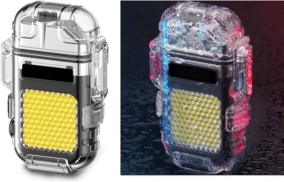 Jnfire Isqueiro 3 em 1, à prova d'água, recarregável, multifuncional, arco duplo, isqueiros elétricos à prova de vento de plasma para atividades ao ar livre, acampamento, caminhada