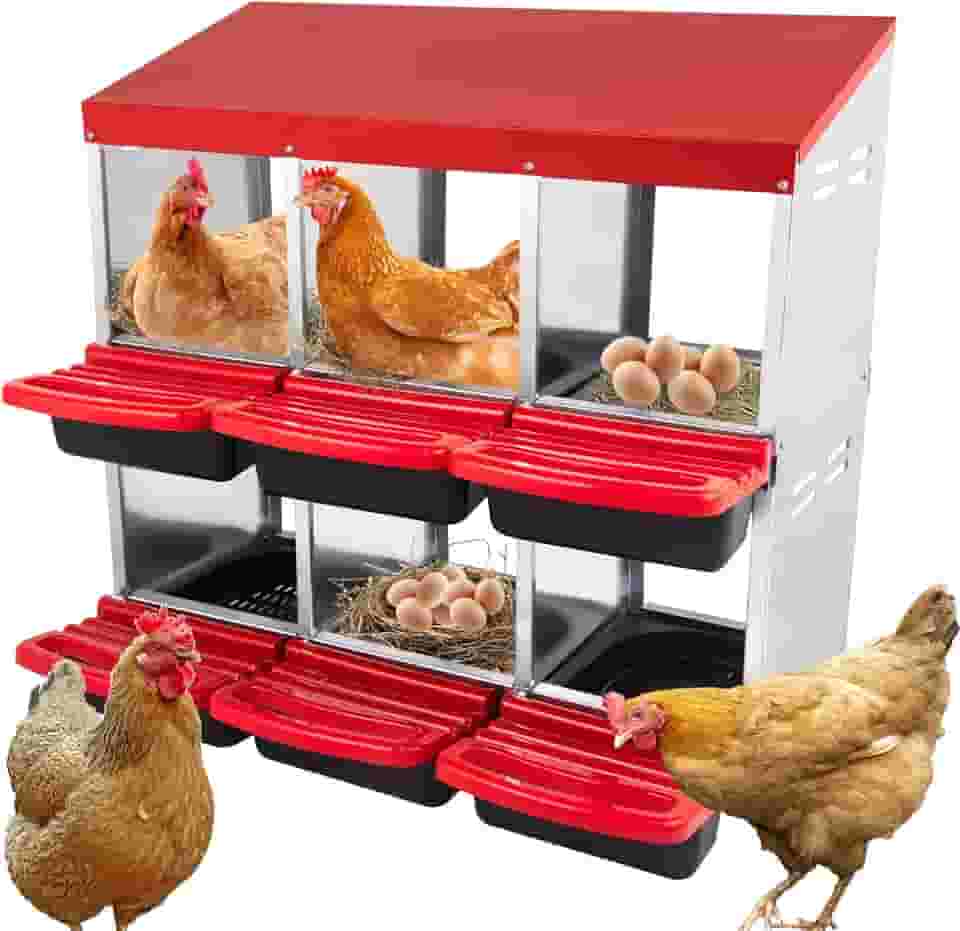 Caixa de assentamento de galinha com 6 furos – Caixa dobrável de metal vermelho resistente para galinhas com poleiro e ventilação – Caixa de ninho de galinheiro de aves de capoeira de montagem na
