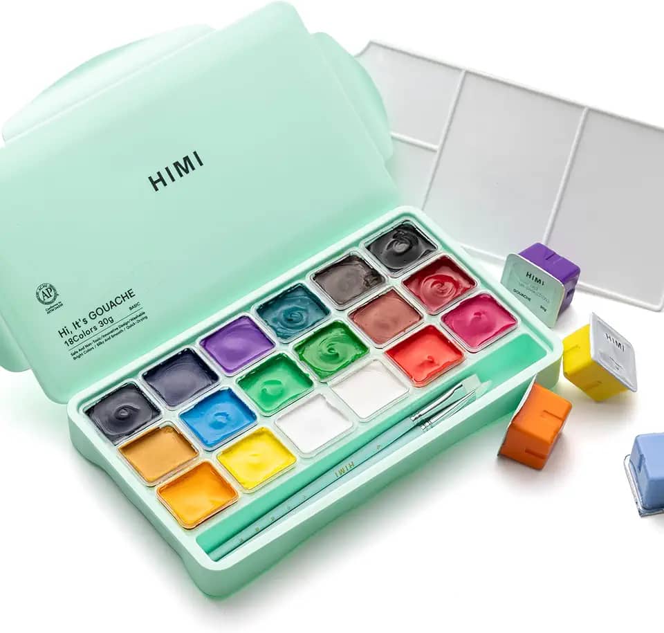 HIMI Conjunto de tintas guache, 18 cores, 30 g, conjunto de tinta guache gelatinosa, tinta não tóxica para tela e papel, materiais de arte para profissionais e mais (caixa verde