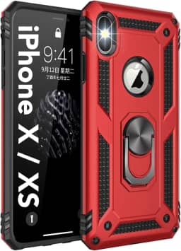 Korecase Capa compatível com iPhone X, iPhone Xs, iPhone 10, proteção extrema, armadura militar, camada dupla, capa protetora com anel giratório de 360 graus, suporte vermelho