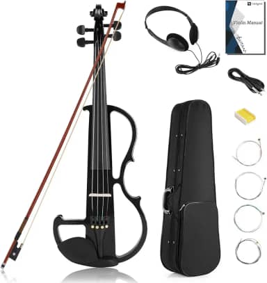 Vangoa Violino Elétrico Tamanho Grande 4/4, Violino Elétrico Silencioso Preto Silencioso, Violino Elétrico de Madeira Maciça Metálico com Acessórios de Ébano, Kit Iniciante para Adultos e Adolescentes
