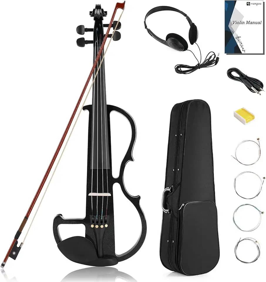 Vangoa Violino Elétrico Tamanho Grande 4/4, Violino Elétrico Silencioso Preto Silencioso, Violino Elétrico de Madeira Maciça Metálico com Acessórios de Ébano, Kit Iniciante para Adultos e Adolescentes