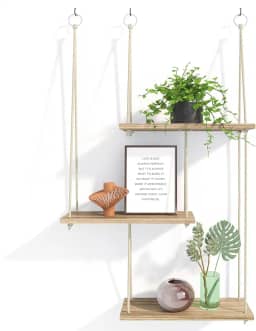 Fixwal Prateleiras suspensas para parede, 3 níveis, boho, decoração de parede, prateleiras flutuantes, corda, organizador de madeira, cabide de armazenamento para estética, casa, quarto, cozinha,