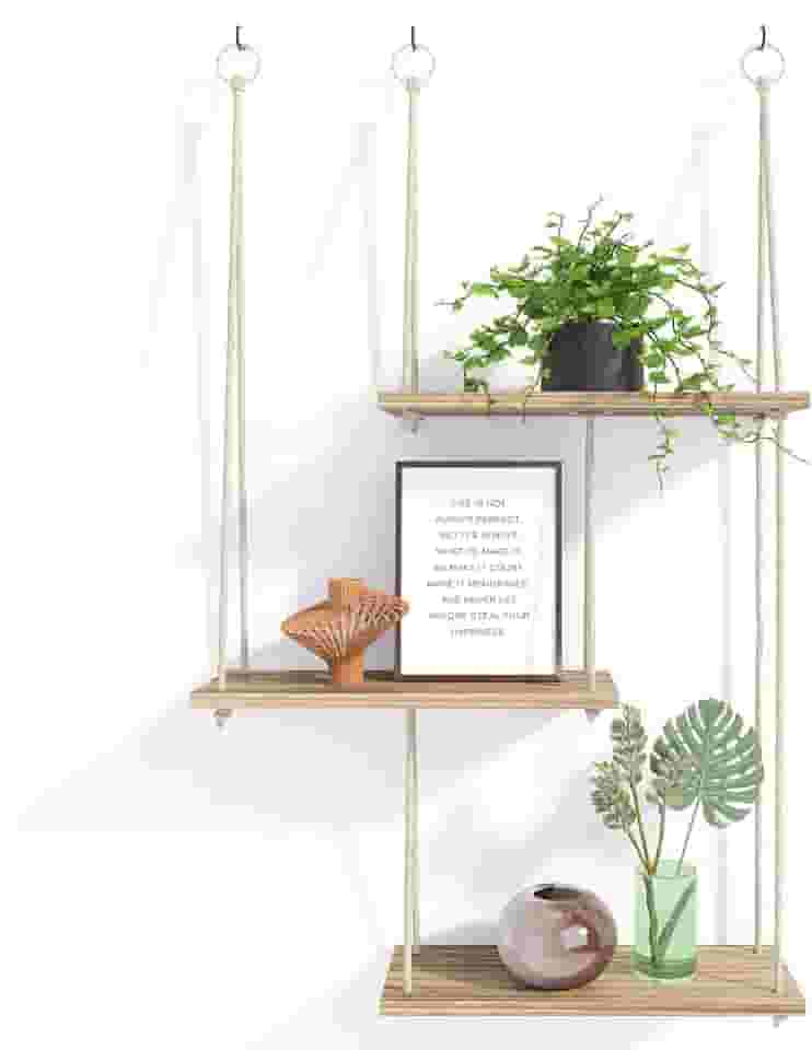 Fixwal Prateleiras suspensas para parede, 3 níveis, boho, decoração de parede, prateleiras flutuantes, corda, organizador de madeira, cabide de armazenamento para estética, casa, quarto, cozinha,