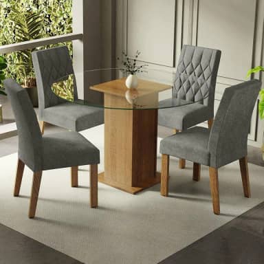 Conjunto Sala de Jantar Mesa Tampo de Vidro Redondo 4 Cadeiras Rustic/silver Irene Madesa