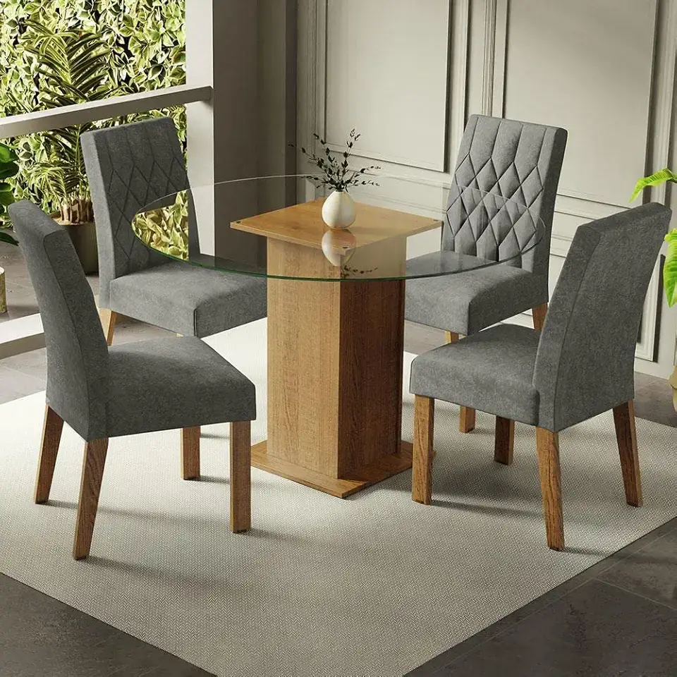 Conjunto Sala de Jantar Mesa Tampo de Vidro Redondo 4 Cadeiras Rustic/silver Irene Madesa