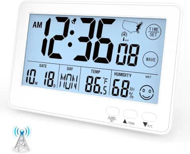 Despertador atômico de mesa pequeno para quarto, relógio de data e hora com 4 fusos horários, horário de verão, temperatura, umidade, alarme e soneca para quarto infantil, escola