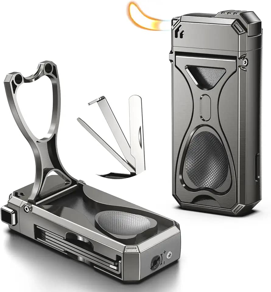 Isqueiro de cachimbo, isqueiro 4 em 1 com suporte de tubo, 3 ferramentas dobráveis de limpeza de tubos, butano recarregável, conjunto de cachimbos masculino presente (cinza)