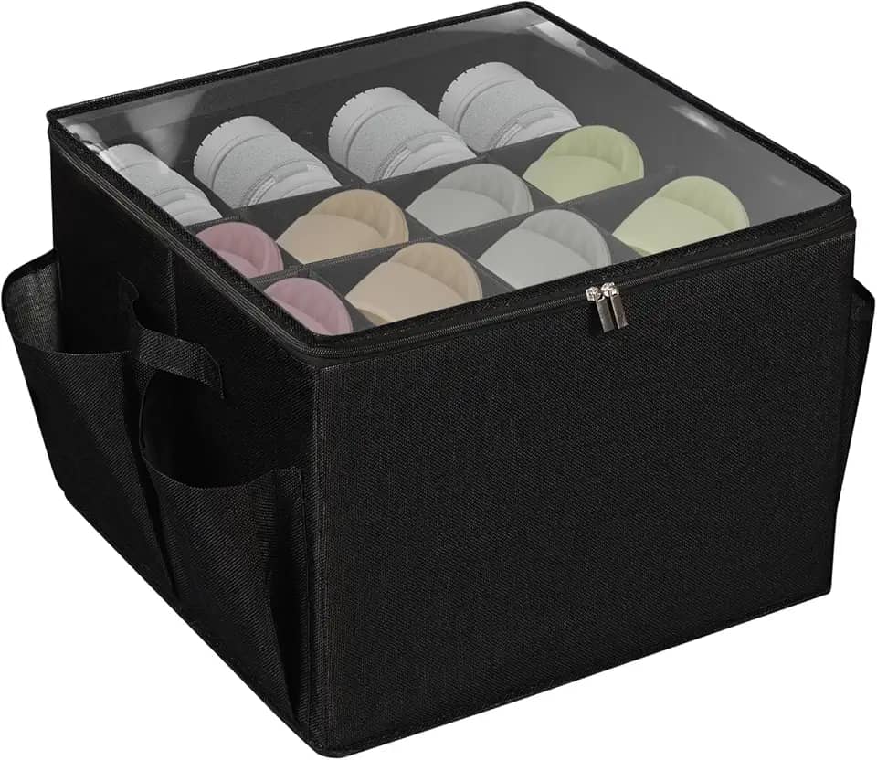 LOVSTORAGE Organizador de sapatos para armário, serve para 16 pares, recipientes de armazenamento grande com tampa transparente, divisórias ajustáveis dobráveis para armazenamento de sapatos, suporte