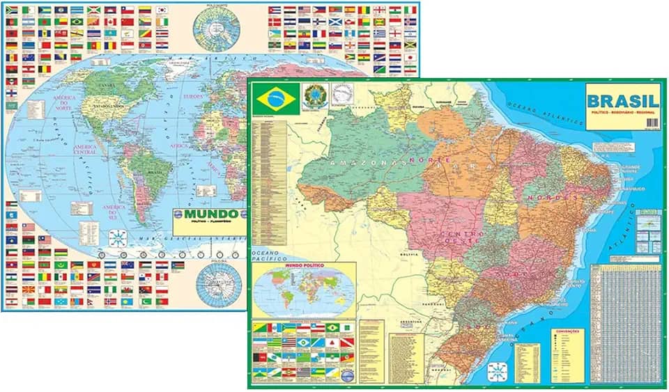 Kit Com 2 Mapas - 1 Brasil + 1 Mundi Político 120 x 90 cm