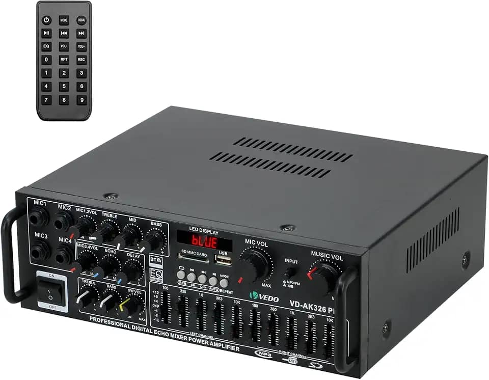 VEDO Amplificador de potência Bluetooth 2.1 de 300 W, 12 V, 110 V/220 V para áudio automotivo e residencial, com controle remoto e subwoofer