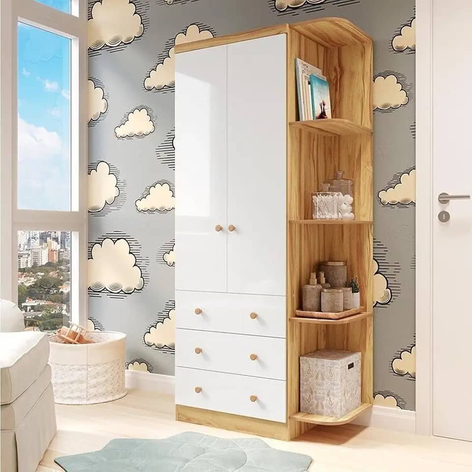 Guarda-Roupa Infantil 2 Portas 3 Gavetas e Prateleira Externa 100% MDF Smim Branco Brilho/Amêndoa