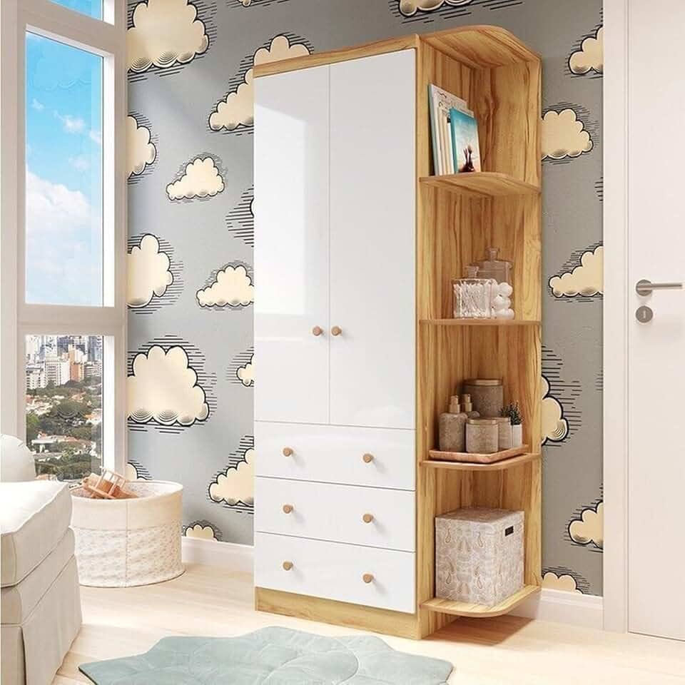 Guarda-Roupa Infantil 2 Portas 3 Gavetas e Prateleira Externa 100% MDF Smim Branco Brilho/Amêndoa