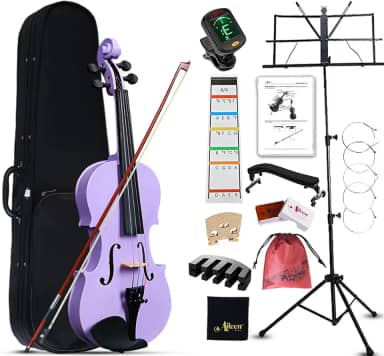 Aileen Violino 4/4 tamanho completo para adultos iniciantes, kit iniciante violino roxo para estudantes a partir de 12 anos, incluindo suporte de música, adesivo de dedo novo exclusivo, mudo