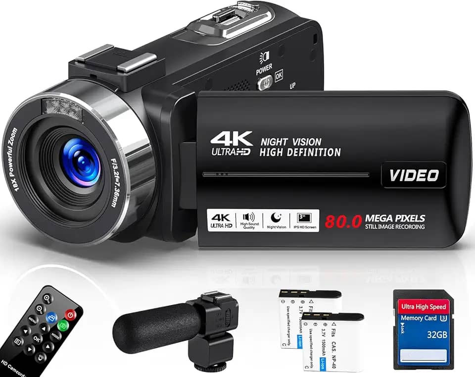 Filmadora 4K 80MP,Câmera de vídeo, Zoom Digital 18x, Visão Noturna, Tela Giratória 3 Polegadas, Controle Remoto 2.4G, Microfone Externo,Profissional para Vlog, Cartão 32GB, 2 Baterias
