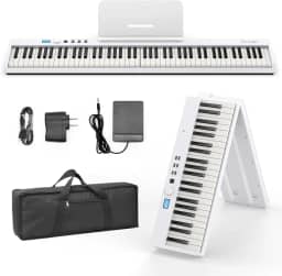 BESFAN Piano BSP-10F com teclado portátil de 88 teclas, teclado semipesado, 128 tons, USB MIDI, pedal de sustentação, suporte de música para presentes iniciantes, branco