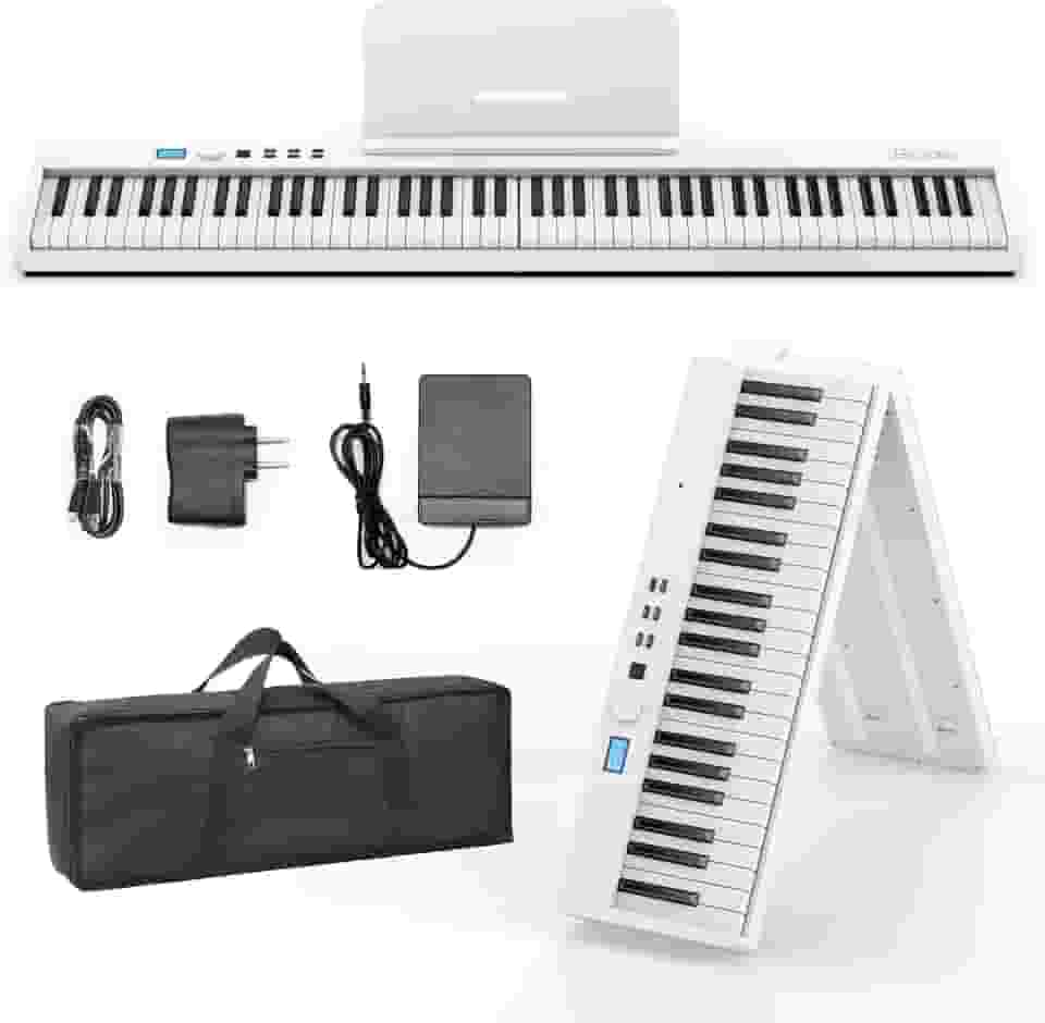 BESFAN Piano BSP-10F com teclado portátil de 88 teclas, teclado semipesado, 128 tons, USB MIDI, pedal de sustentação, suporte de música para presentes iniciantes, branco