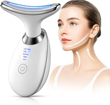 Massageador Facial e Pescoço LED 3 Cores com EMS e Vibração – Lifting, Redução de Rugas, Queixo Duplo e Linhas de Expressão – Portátil, Recarregável, Estimulador de Colágeno
